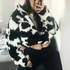 Giacche da donna Combhasaki Autunno Inverno da donna Goth Spesso Cappotto corto in peluche Manica lunga Colletto alla coreana Mucca Stampa Streetwear Capispalla