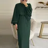 Ethnic Clothing Maxi Dubai Abaya Robes Elegant Muslim Dress for Women Fashion Belted Party Solid Long Sleeve Turkey Plain Islamic Clothing Sets 230328