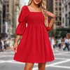 Casual Dresses Women Pleated Square Neck Beach Puff Sleeve Flowy Solid Color Backless Summer For Cocktail Wedding