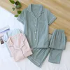 Women's Sleepwear 3 Pieces Pyjamas Women 100% Cotton Short Sleeves Ladies Pajama Set Shorts Solid Japanese Simple Sleepwear Homewear Pijamas Mujer 230328