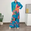 Dwuczęściowe spodnie damskie miyake klapka szyja z długim rękawem nadruk kumpla moda moda plisowana luźna styl plus size swobodny design szeroka noga