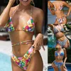 Kadın Mayo Renkli Boncuklar Dekor Geometri Desen Push Yukarı Sütyen Yüksek Bel Külotu Spa için Plaj Giyim