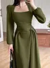 Casual Dresses Elegant Puff Sleeve Women Dress Vintage Square Collar Corsets Folds Ladies A-Line Midi Dresses Spring Summer Female Vestido 230327