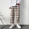 Herenbroek Houzhou plaid mannen linnengoed Koreaans checked broek mannelijke streetwear mode bodems zomer wijd been harajuku ademende y23