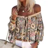 Women's Blouses Sexy Ethnic Style Bohemia Vintage Printing Pullover Top Anti-pilling Boho Shirt Lantern Long Sleeve Female Clothing