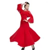 Scene Wear Female Ballroom Dance Dress Bell Sleeve Waltz Dancing National Tango Competition Expansion Kjol Red Black 9023