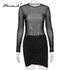 Casual Dresses Hovanch Solid Mesh Stitched Hollow Out O-Neck Sexy Miniskirt 2023 Winter Fashion Party Club Dress