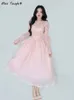 Casual Dresses Elegant Evening Party Midi Dress Women Bubble Sleeve French Vintage Sweet Dress Female Pink Korean Style Fairy Dress Autumn 230327