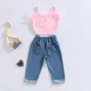 Ensembles de vêtements Filles Vêtements d'été Outfit Ensembles Mode Enfant Enfants Rose Sans Manches Plume Camisole Denim Pantalon avec Poches 230328