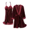 Damen-Nachtwäsche, Burgunderrot, Braut, Brautjungfer, Hochzeit, Robe-Set, Velours-Kimono, Badekleid, 2-teiliges Nachtwäsche, Herbst-Winter-Nachthemd mit Spitzenbesatz