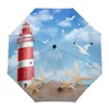 Paraplyer Sea Beach Lighthouse Starfish Seagull Creative Paraply Rain Women Automatisk tre vikta vindtät parasol Parapluie