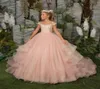 Pink Off Shoulder Ball Gown Prince Flower Girls Dresses 2022 Sweep Train Girls Pageant Gowns Lace Applique first communion princes4589736