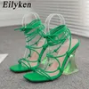 Top Design vert Transparent étrange talons hauts femme sandales été évider bout carré robe de soirée pompes chaussures 230306