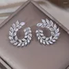 Studörhängen 14K Guldplätering Korea Design Fashion SMYCKEL Luxury Zircon Leaf Flower Ring Elegant Women's Prom Party Accessories