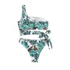 Kvinnors badkläder 2st kvinnor Bikini Set Trendy Leaf Printed One Shoulder Tie Side Tank Tops Swim Bottoms Swimsuit Summer Woman Swimming Swimming Suit
