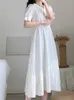 Casual Dresses Summer White Chiffon Dress Women Korean Fashion Preppy Style Sweet Long Dress Elegant Short Sleeve High midje Ruffles Maxi Dress 230329