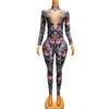 Stage Wear Fashion Rose Flower Print Pearl Rhinestones Jumpsuit Vintage Stretch Floral Leotard Performance Costume Festival Clothing