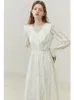 Casual Dresses Fsle Lace Lapel Design Spring Dress Women Gentle Style Lace Patchwork A-Line kjolar Beige Full Längd Hög midjeklänning 230329