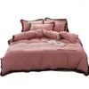 Bettwäsche-Sets im Prinzessin-Stil, gewaschenes Baumwollbett, vierteiliges Set, Bettlaken, Bettbezug, dreiteilig, Mädchen, rosa Spitze, ausgestattet