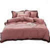 Ensembles de literie Style princesse Lit en coton lavé Quatre pièces Ensemble de draps Housse de couette Trois pièces Fille Rose Dentelle Ajustée