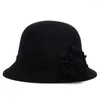 Stingy Brim Hats Women Solid Wool Felt Dome Fedoras Caps Autumn Winter Retro Flower Cap Princess Hat Ladies Bucket