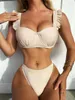 Damesbadmode bikini sexy effen kleur split badpak harde cup zomer strand geplooide schouderband meisjes set QQ8N