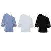 Women's T Shirts 40GC Women Mesh Panel 3/4 Sleeve Blus Metal Buckle Cutout Cold Shoulder Tunic Top