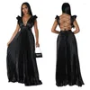 Casual Dresses Sexy Ruffles Sleeve Deep V-neck Backless Satin Pleated Maxi Dress For Women Elegant Evening Party Club Birthday Long Gown