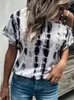 Women's Blouses Trendy Women Summer Casual Shirt Tie Dye One Sided Cold Shoulder Strappy Blouse Short Sleeve Tunic Tops Tees Streetwear