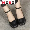 Scarpe eleganti Donna Retro Square Head Mary Jane Tacchi alti 2023 Moda autunno Sandali con fibbia tacco medio Cuoio elegante