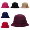 Stingy Brim Hats Women Solid Wool Felt Dome Fedoras Caps Autumn Winter Retro Flower Cap Princess Hat Ladies Bucket