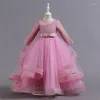 Vestidos de menina mangas compridas banheira de vaso de bola de bola vestido de princesa renda festa de casamento dama de dama de honra Vestido de dança formal de pegeant