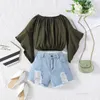 16101 New Summer Kids Girls Clothing Sets One-line Shoulder Florals Tops with Denim Shorts 2pcs Children Girl Outfits