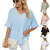 Kvinnors blusar Kvinnor blossade halv ärm Flödande tunika skjortor Casual Loose V-Neck Plain Colid Color Ruffle Hem Chiffon Peplum Top