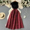 Casual Dresses Spring Autumn Women Red/Gold Floral Printed Patchwork Long Dress Vintage Stand Collar Sleeveless High midja A-Line Vestidos