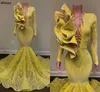 Daffodil Yellow Mermaid Prom Dresses Dubai Arabic Sequined Lace Ruffles Vintage Formella aftonklänningar Slim och Flare Long ärmar Secial Eccident Party Dress CL2100