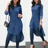 Blouses Femmes 2023 Femmes Longue Denim Tuxedo Chemise Robe Manches Blouse Lâche Lady Mode Casual Jean Tops D'été