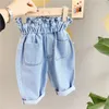 Jeans Baby Mädchen 2023 Frühling und Herbst Kleidung Mädchen koreanischen Stil Knospe hohe Taille Freizeithose mit Holzohren