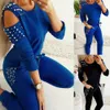 Women's Two Piece Pants 2-Piece European Women's Autumn Clothing Sexy Nail Beads Solid Round Neck Long Neck Sports Set Shipped Direct ZXP9596 230329