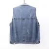 Damesvesten 5xl plus dames denim tanktop mode scheur herfst blauw jeans jas mouwloze veer losse korte jas schouderband tanktop 230329