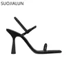 Sandals Suojialun Brand Square Toe Women Larrow Band Band Ladies Sandal Shoes Fashion Crystal Thin High Heel Press Party Pumps Sho 230329