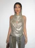 Women's T Shirts Sexy Backless Metal Sequined Cropped Top Women 2023 Fashion Designer Club Party Halter Tees Female With Scarf Y2K Silver