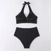 Menas de banho feminina Solid Black Bikini Sets Women 2023 Sexy High Swimsuit Beach Bathing Suits Two Piece Lace Up Bikinis Summer Xlwomen's