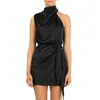 Casual Dresses Womens Sleeveless Halter Mock Neck Ruched Belted Wrap Satin Bodycon Mini Dress