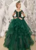 Gorgeous Green Flower Girl Dresses Scoop Neck Appliqued Beaded Long Sleeves Girl Pageant Gowns Ruffle Tiered Sweep Train Birthday 3999672