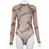 Combinaisons pour femmes barboteuses été Sexy lettre imprimer body en maille transparente à manches longues voir à travers bébé barboteuses moulantes Women Jumpsuits 230329