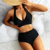 Menas de banho feminina Solid Black Bikini Sets Women 2023 Sexy High Swimsuit Beach Bathing Suits Two Piece Lace Up Bikinis Summer Xlwomen's