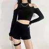 Women's T Shirts Sexig Slim Off-the-Shoulder Långärmad rund hals kort t-shirt kvinnlig 2023 Trend Spring Street Fashion Women's Black