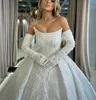 Luksusowe suknie balowe suknie ślubne długie rękawy Bateau Cearówki Zastoski Paleśki Perły ślubne suknie ślubne Diamenty Formalne sukienki plus size na zamówienie Vestido de novia