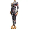 Stage Wear Fashion Rose Flower Print Pearl Rhinestones Jumpsuit Vintage Stretch Floral Leotard Performance Performance Costume Festival Clothing